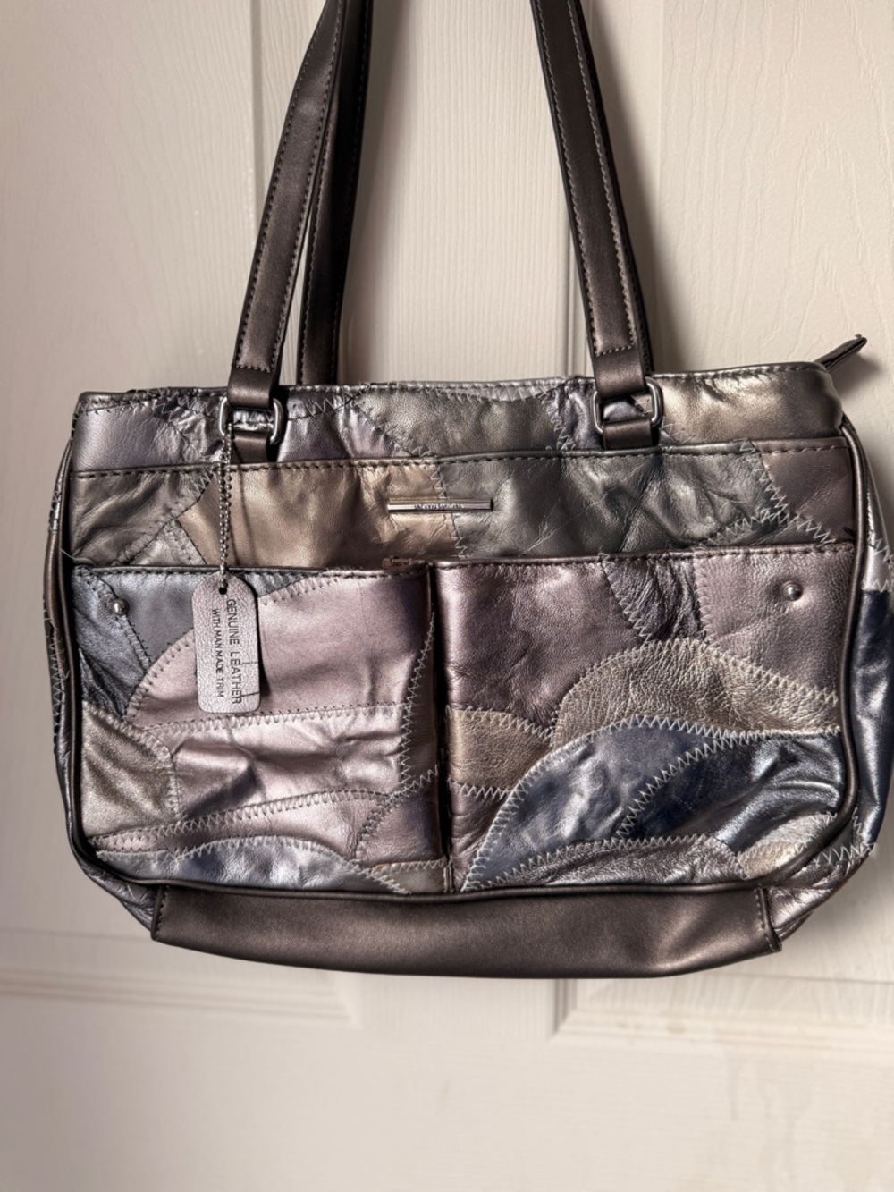 Metallic Patchwork Leather Shoulder Bag - Pewter/Taupe